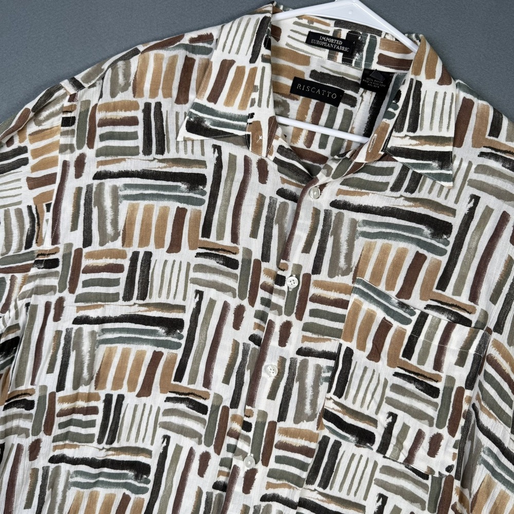Riscatto Mens Abstract Earth Tone Short Sleeve Shirt Geometric Rayon XL
